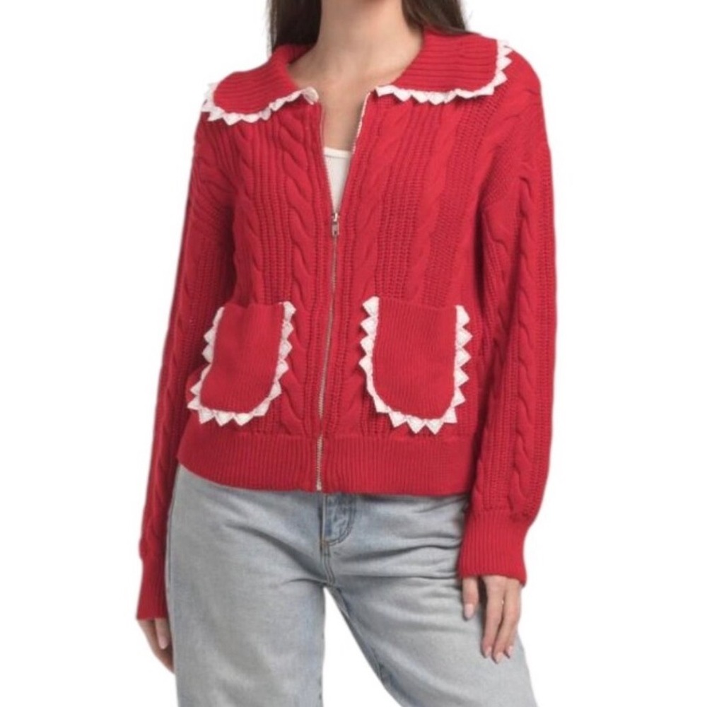Jacquie The Label Cable Knit Full Zip Red Cardigan Heart Lace Sweater Small NWOT